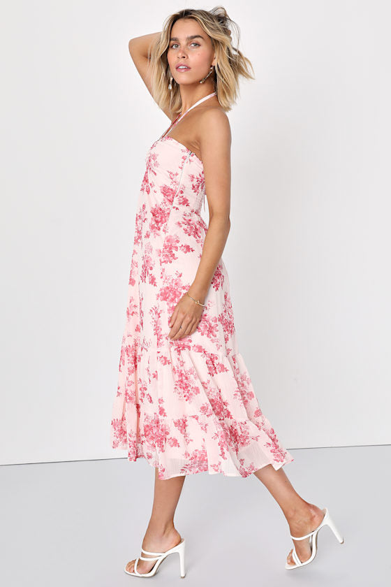 Lovely Radiance Blush Pink Floral Halter Tiered Midi Dress