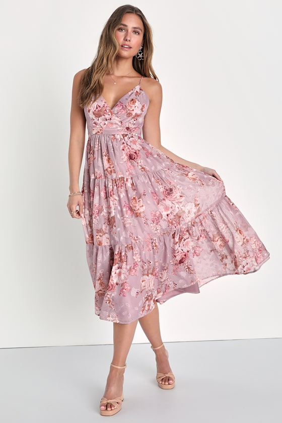 Lovely Energy Mauve Floral Print Tiered Backless Midi Dress