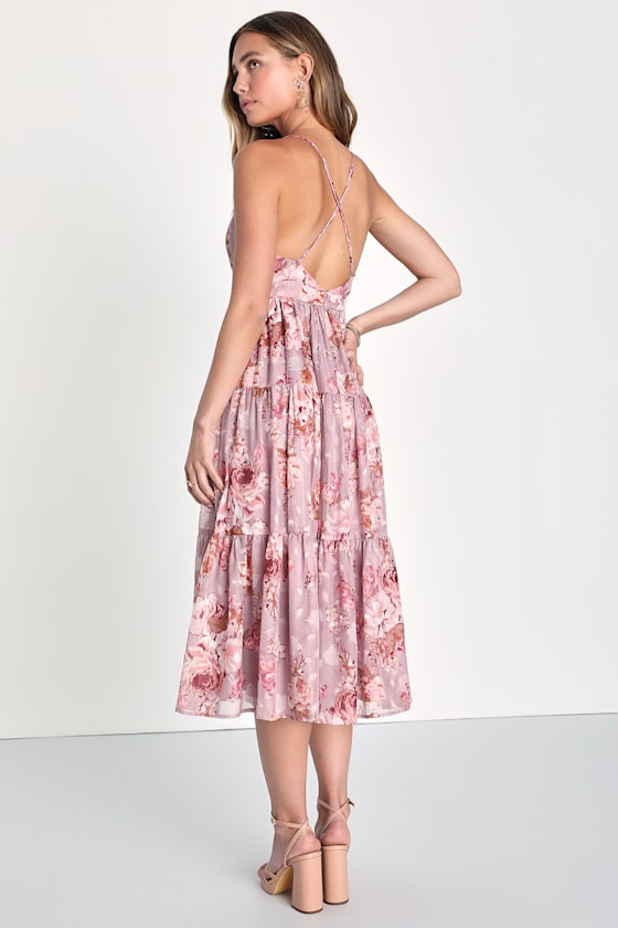 Lovely Energy Mauve Floral Print Tiered Backless Midi Dress