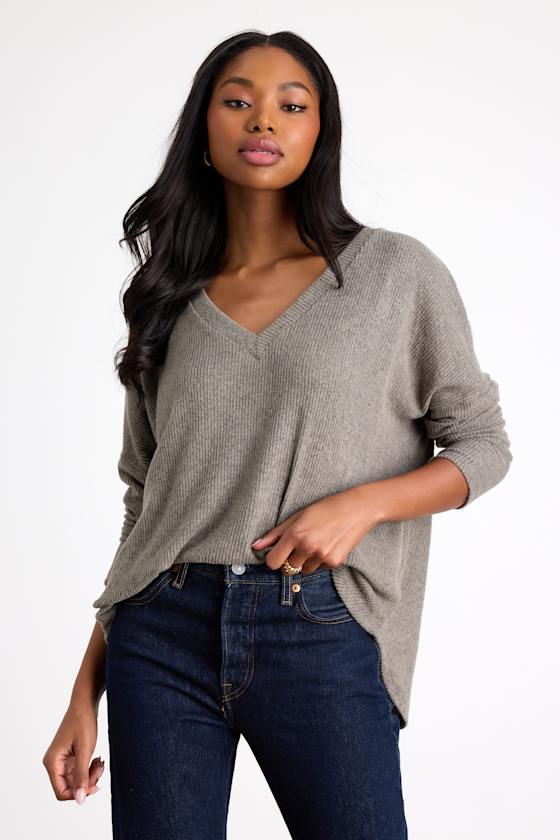 Just Vibing Olive Green Ribbed V-Neck Sweater Top