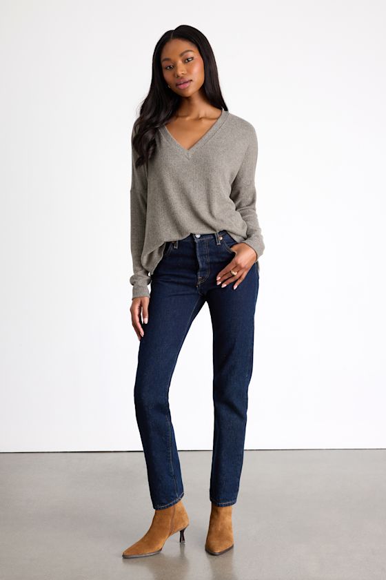 Just Vibing Olive Green Ribbed V-Neck Sweater Top