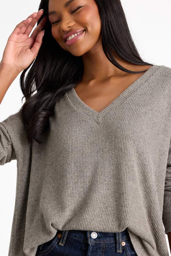 Just Vibing Olive Green Ribbed V-Neck Sweater Top