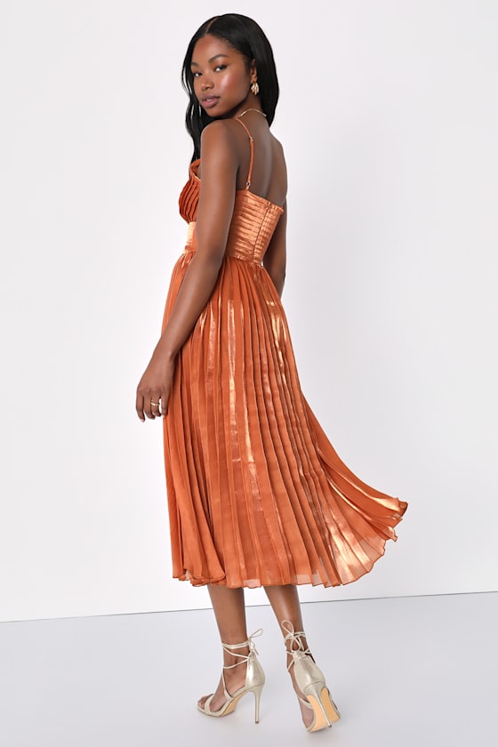 Romantic Aesthetic Shiny Rust Orange Pleated Midi Dress