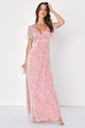 Dreamiest Desires Pink Floral Flutter Sleeve Maxi Dress