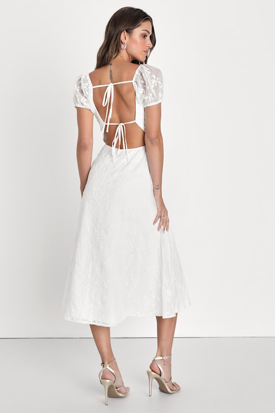Blossoming with Charm White Embroidered Tie-Back Midi Dress