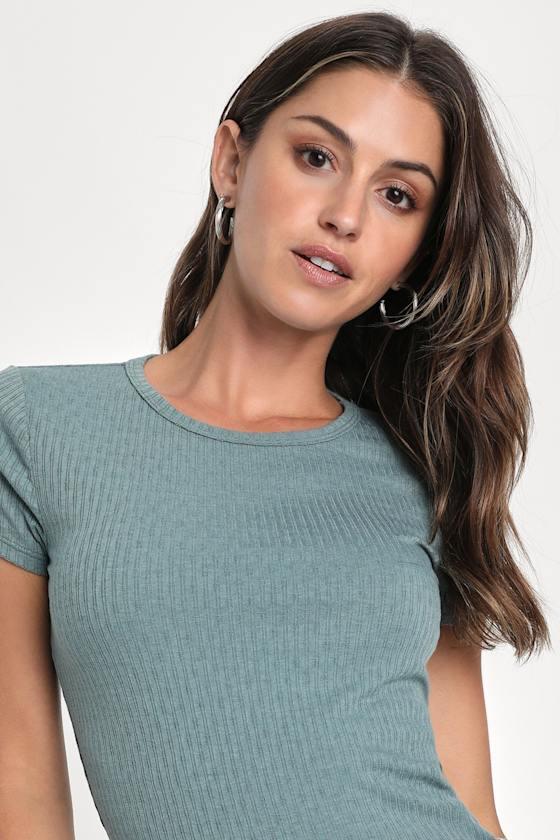 Essential Trend Sage Blue Pointelle Knit Short Sleeve Top