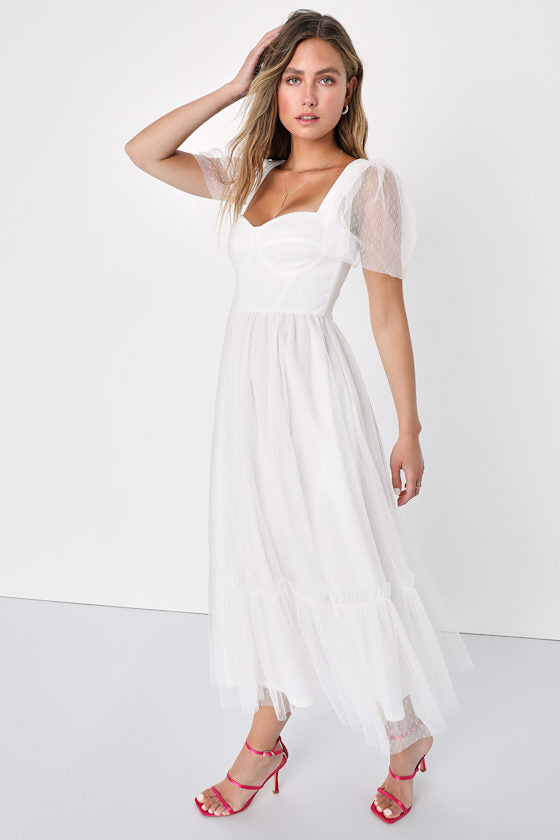 Dreamy Celebration White Tulle Bustier Swiss Dot Midi Dress
