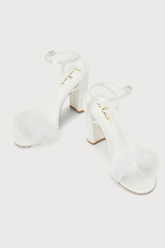 Fuller White Satin Feather Ankle Strap High Heel Sandals