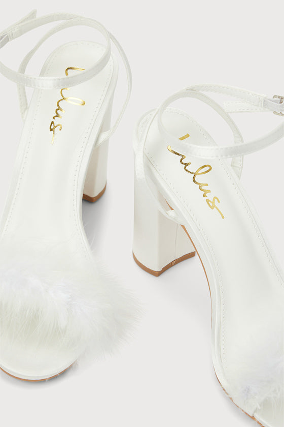Fuller White Satin Feather Ankle Strap High Heel Sandals