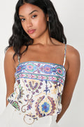 Sweetest Aesthetic White Paisley Print Handkerchief Cami Top