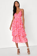 Adorable Obsession Pink Floral Print Lurex Tiered Midi Dress