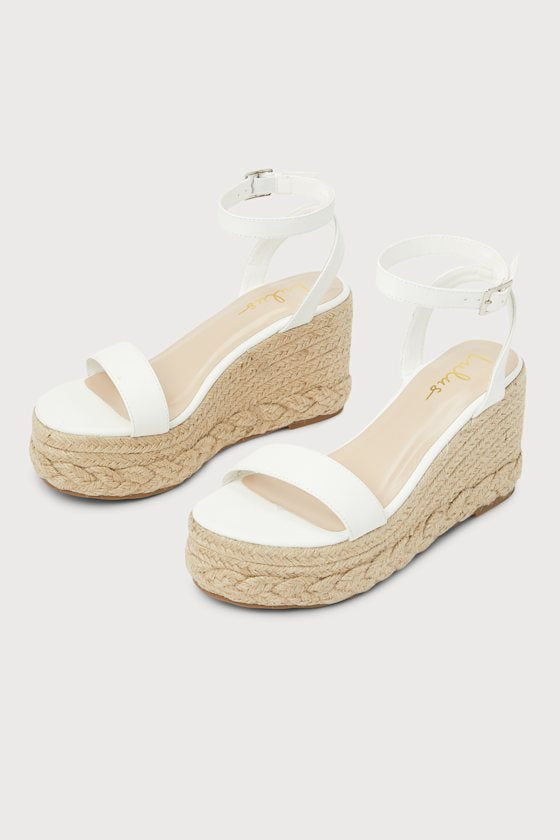 Cesilie White Ankle Strap Platform Espadrille Wedges