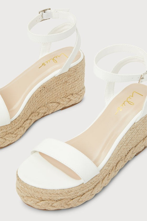 Cesilie White Ankle Strap Platform Espadrille Wedges
