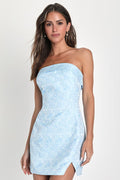 Delicate Destiny Light Blue Jacquard Strapless Mini Dress