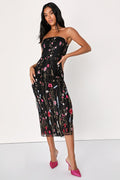 Bold Botanicals Black Floral Embroidered Strapless Midi Dress