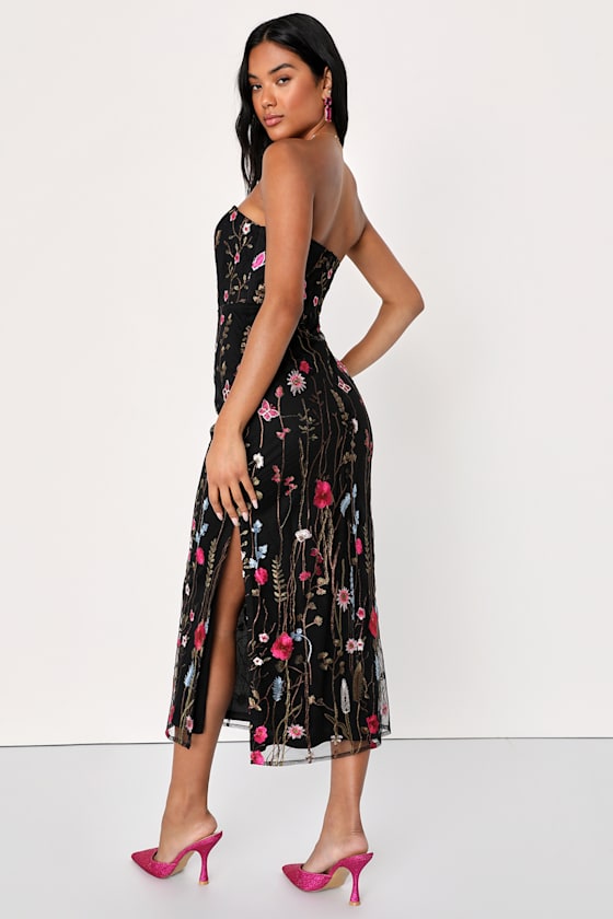 Bold Botanicals Black Floral Embroidered Strapless Midi Dress