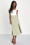 Getting Glam Sage Green Print Slit Midi Skirt