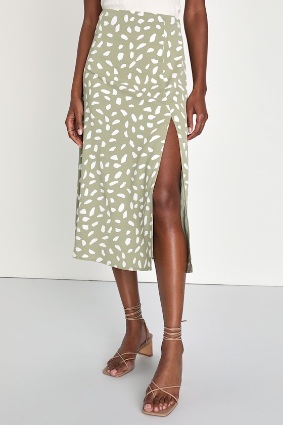 Getting Glam Sage Green Print Slit Midi Skirt