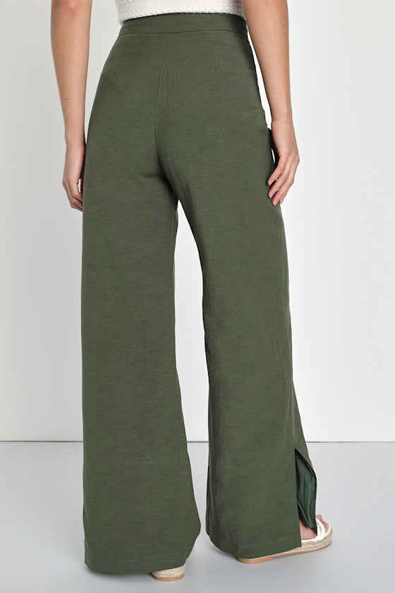 Jet Stream Olive Green High-Waisted Wide-Leg Pants