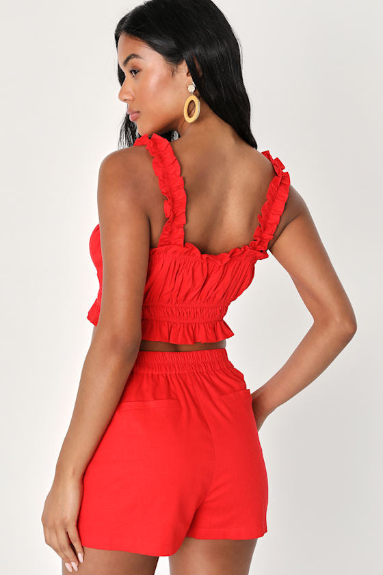 Hotter Temps Red Linen Ruffled Two-Piece Romper