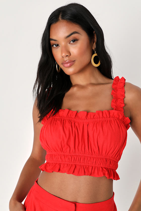 Hotter Temps Red Linen Ruffled Two-Piece Romper