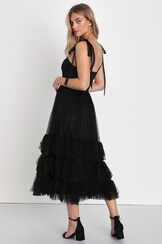 Captivating Aesthetic Black Mesh Swiss Dot Tie-Strap Midi Dress