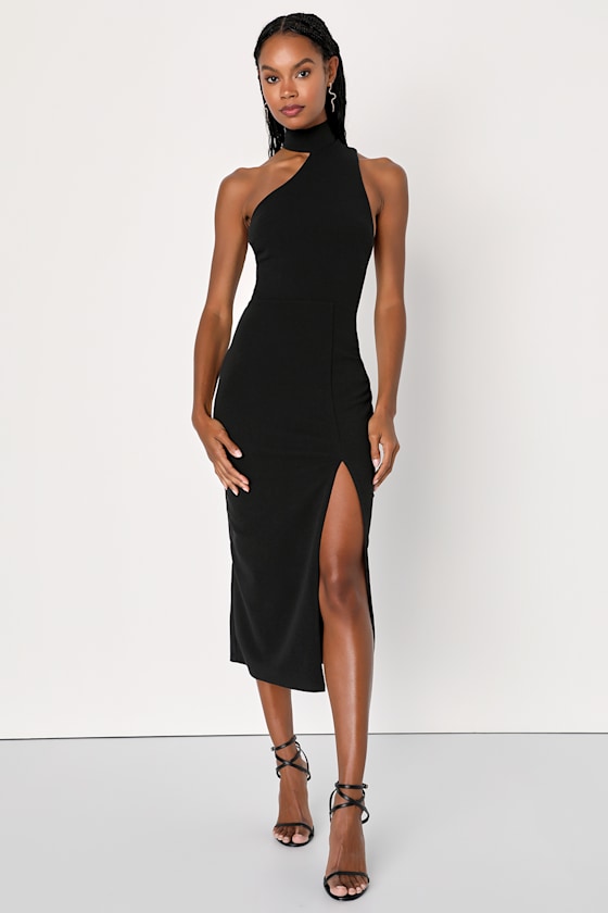 Keep It Interesting Black Asymmetrical Cutout Halter Midi Dress
