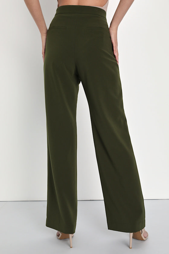 A Power Mood Olive Green High-Waisted Wide-Leg Trouser Pants