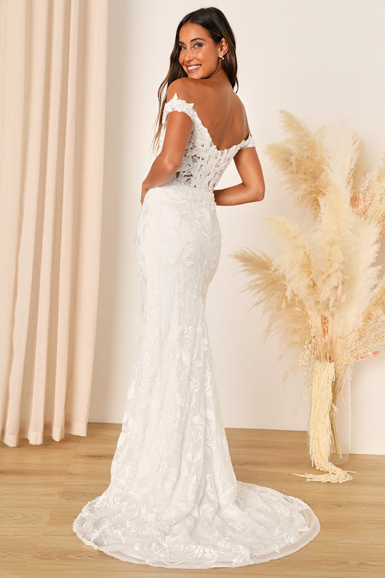 Precious Romance White Embroidered Off-the-Shoulder Maxi Dress