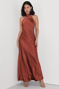 Love in Your Life Rust Brown Satin Halter Maxi Dress