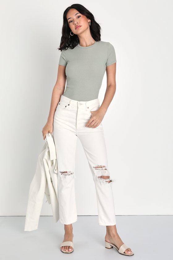 Effortless Upgrade Sage Green Ribbed Short Sleeve Top