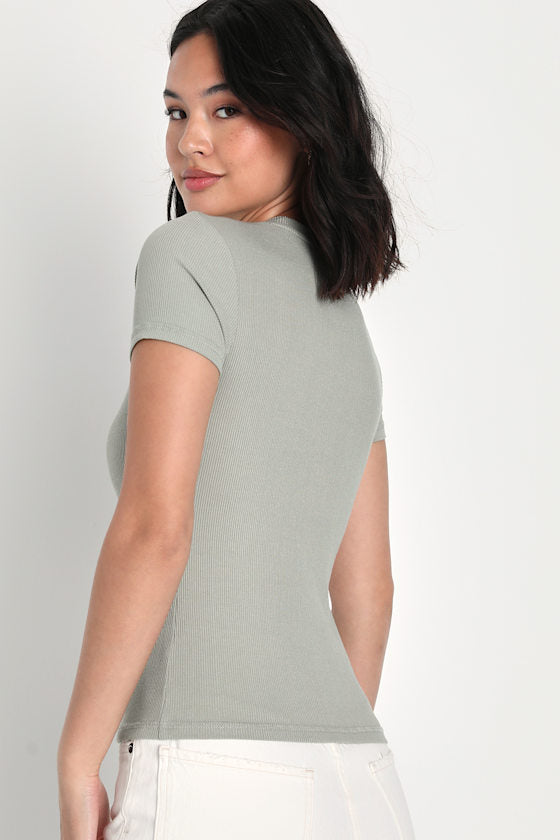 Effortless Upgrade Sage Green Ribbed Short Sleeve Top