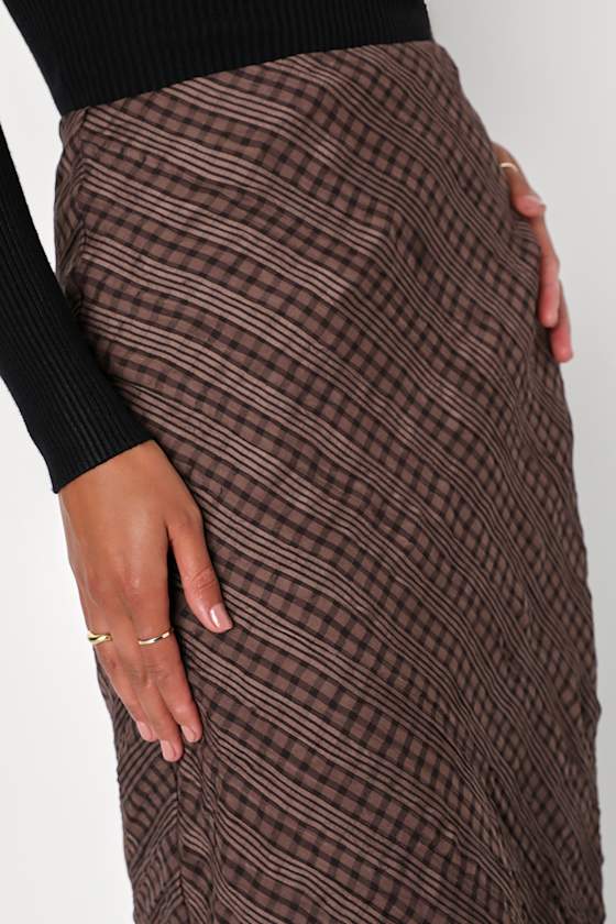 Trendy Era Brown Plaid Chiffon Midi Skirt
