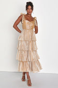 Radiant Arrival Shiny Gold Organza Tiered Tie-Strap Maxi Dress