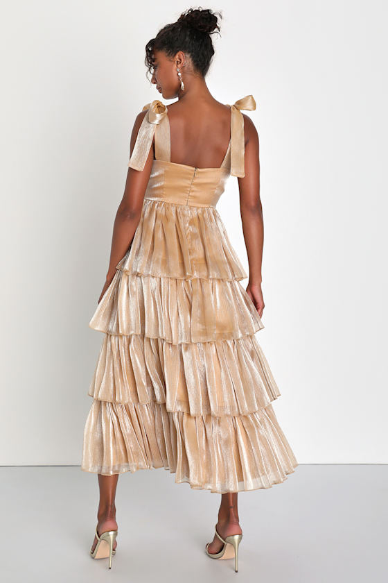Radiant Arrival Shiny Gold Organza Tiered Tie-Strap Maxi Dress