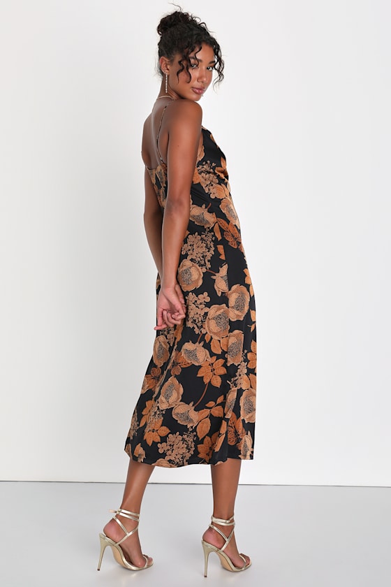 Favorite Icon Black Floral Satin Cowl Neck Slip Midi Dress