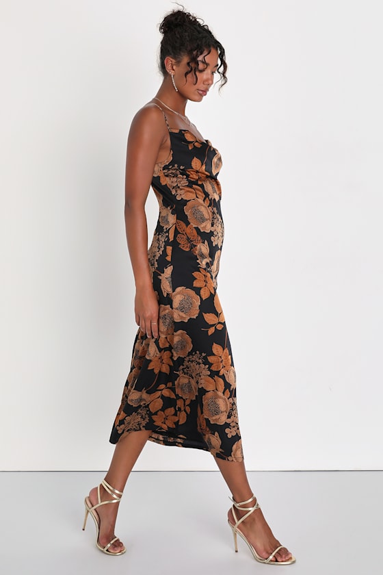Favorite Icon Black Floral Satin Cowl Neck Slip Midi Dress