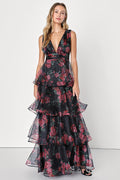 Garden Radiance Black Floral Print Organza Tiered Maxi Dress