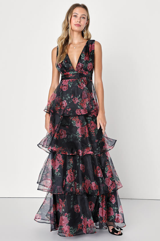 Garden Radiance Black Floral Print Organza Tiered Maxi Dress