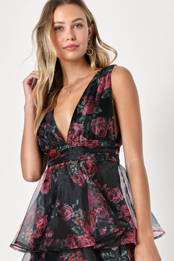 Garden Radiance Black Floral Print Organza Tiered Maxi Dress