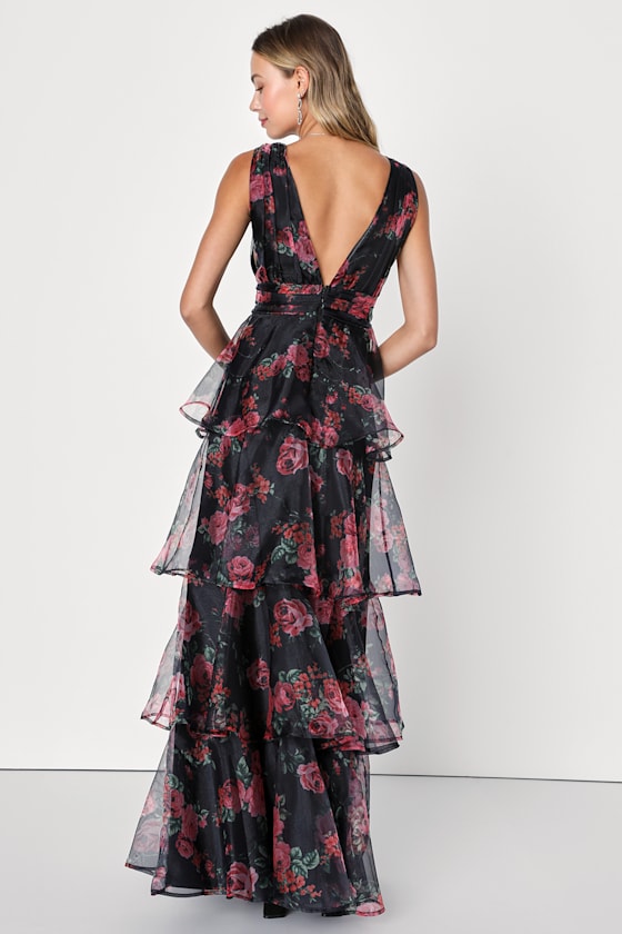 Garden Radiance Black Floral Print Organza Tiered Maxi Dress