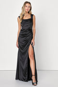 Stunning Arrival Black Satin Off-The-Shoulder Maxi Dress