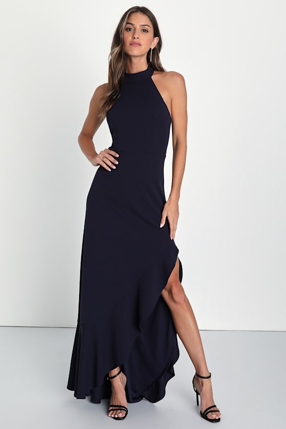 Majestic Perfection Navy Blue Ruffled Halter Maxi Dress