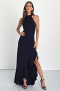 Majestic Perfection Navy Blue Ruffled Halter Maxi Dress