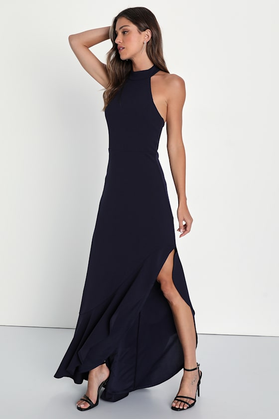 Majestic Perfection Navy Blue Ruffled Halter Maxi Dress