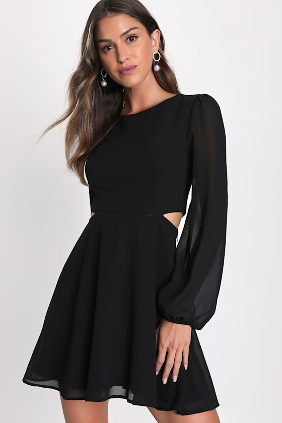 Garden Bliss Black Long Sleeve Cutout Mini Dress