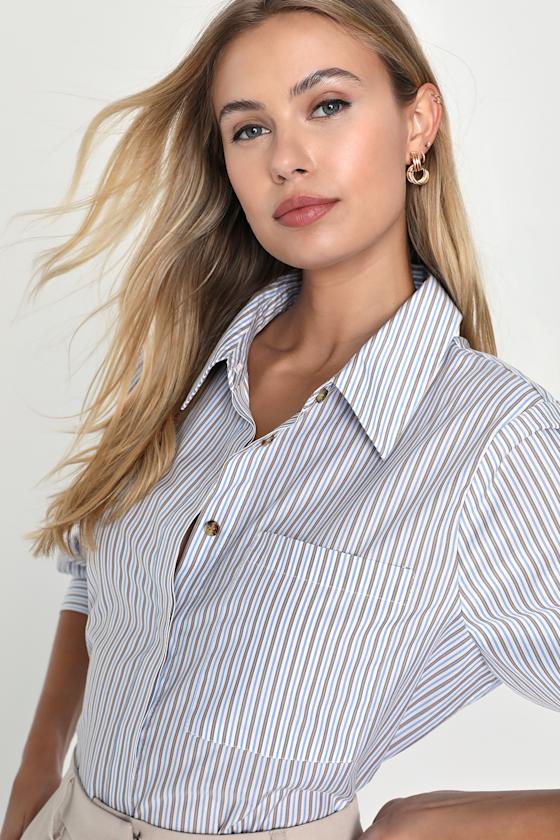 Refined Aesthetic Blue and White Striped Button-Up Top