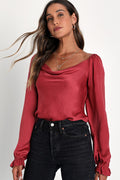 Adoringly Sweet Rusty Rose Satin Cowl Neck Long Sleeve Bodysuit
