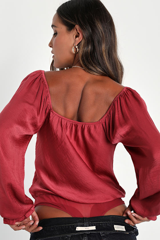 Adoringly Sweet Rusty Rose Satin Cowl Neck Long Sleeve Bodysuit