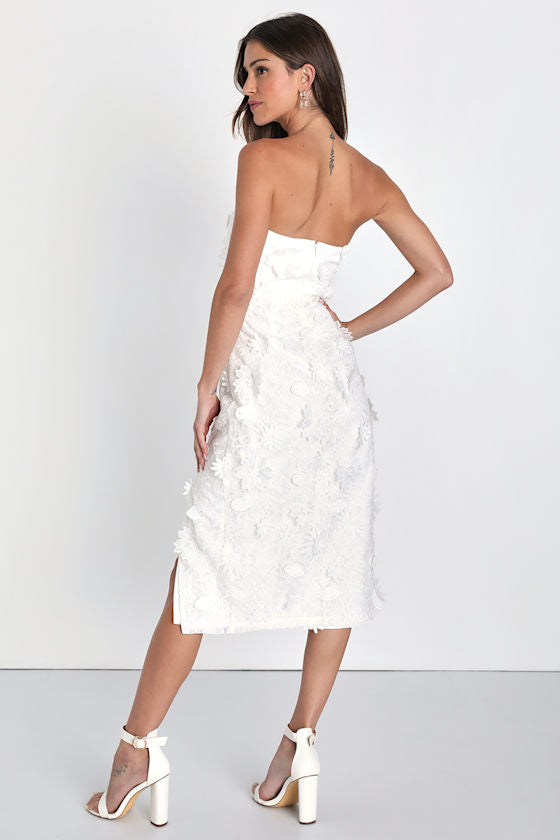 Elevated Sensation White 3D Floral Embroidered Midi Dress